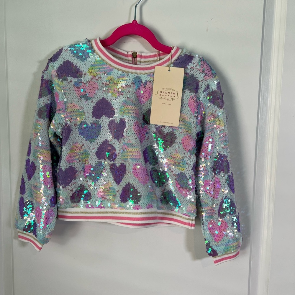 Hannah Banana Heart Print Sequined Sweatshirt ~ Pink Multi size 5